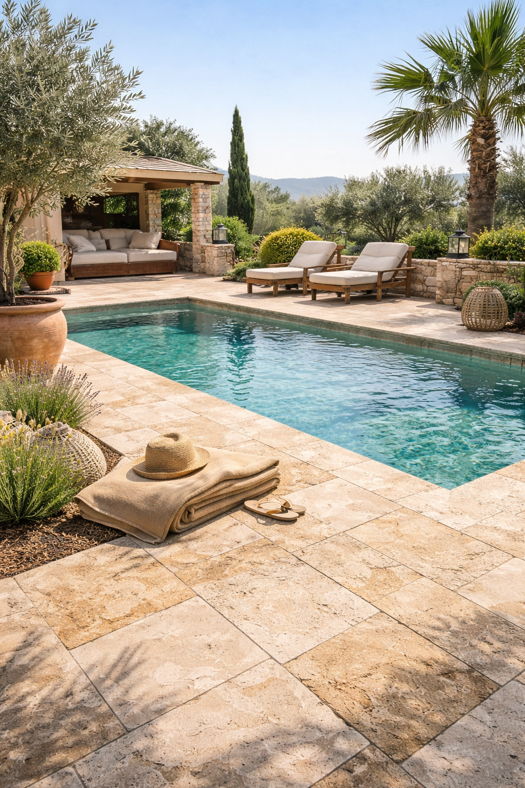 piscine avec revetement sol de la terrasse en travertin